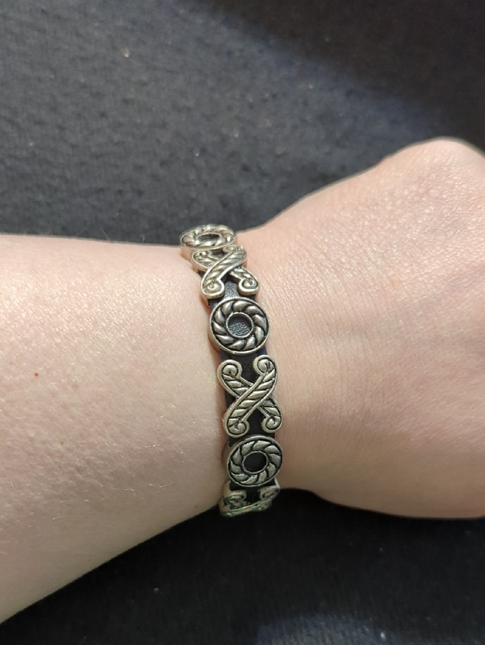 Silver Tone X And O Black Leather Magnetic Clasp Statement Bracelet